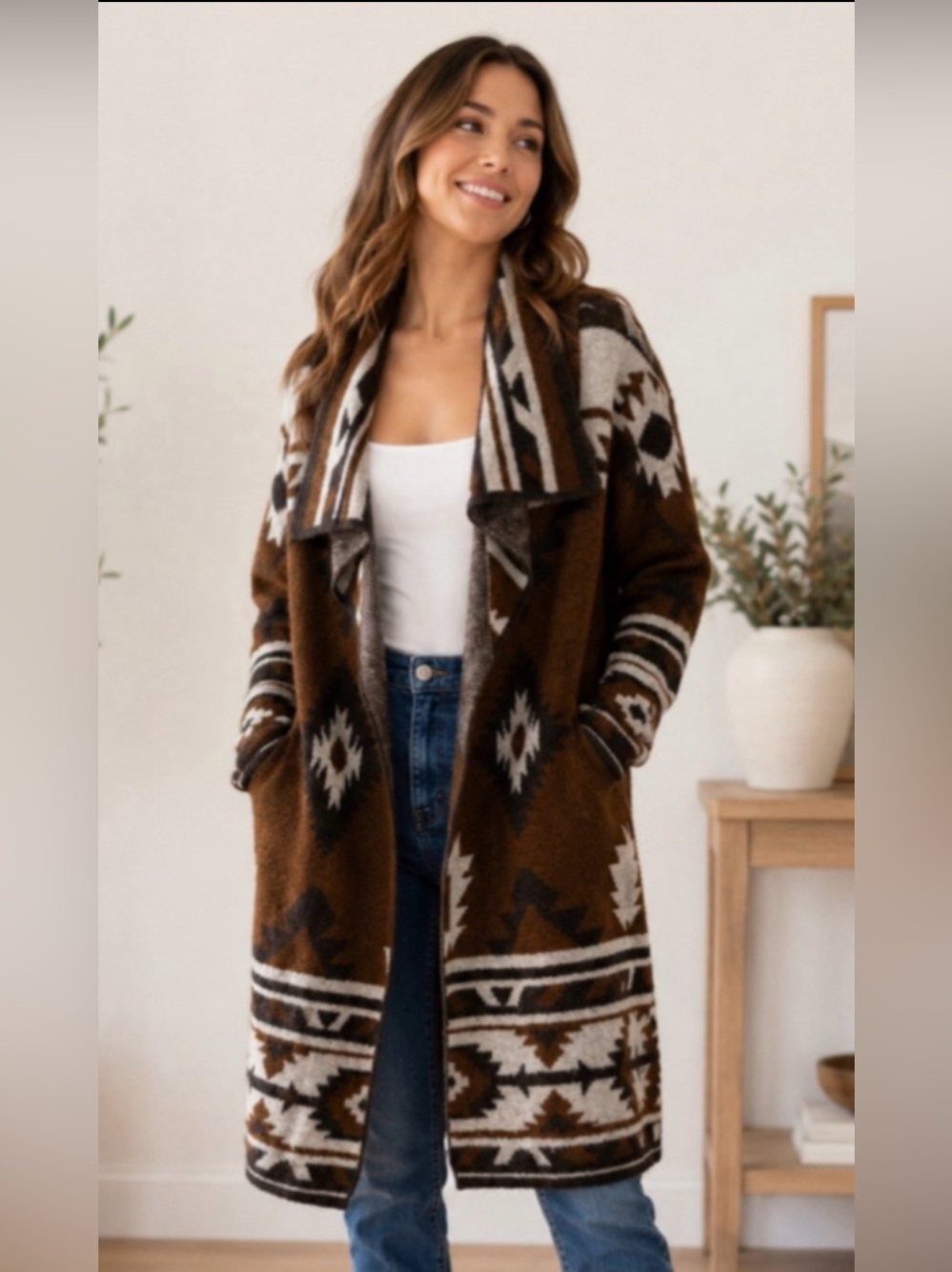 Max Studio Aztec Western Open Front Duster Cardigan Brown Rodeo 1X Plus Pockets